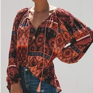 Boho Floral Print Balloon Sleeve Blouse